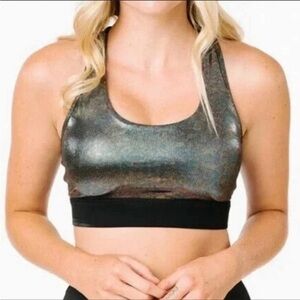 ZYIA Gunmetal Disco Ball Oil Slick‎ Luxe Sports Bra Metallic Silver